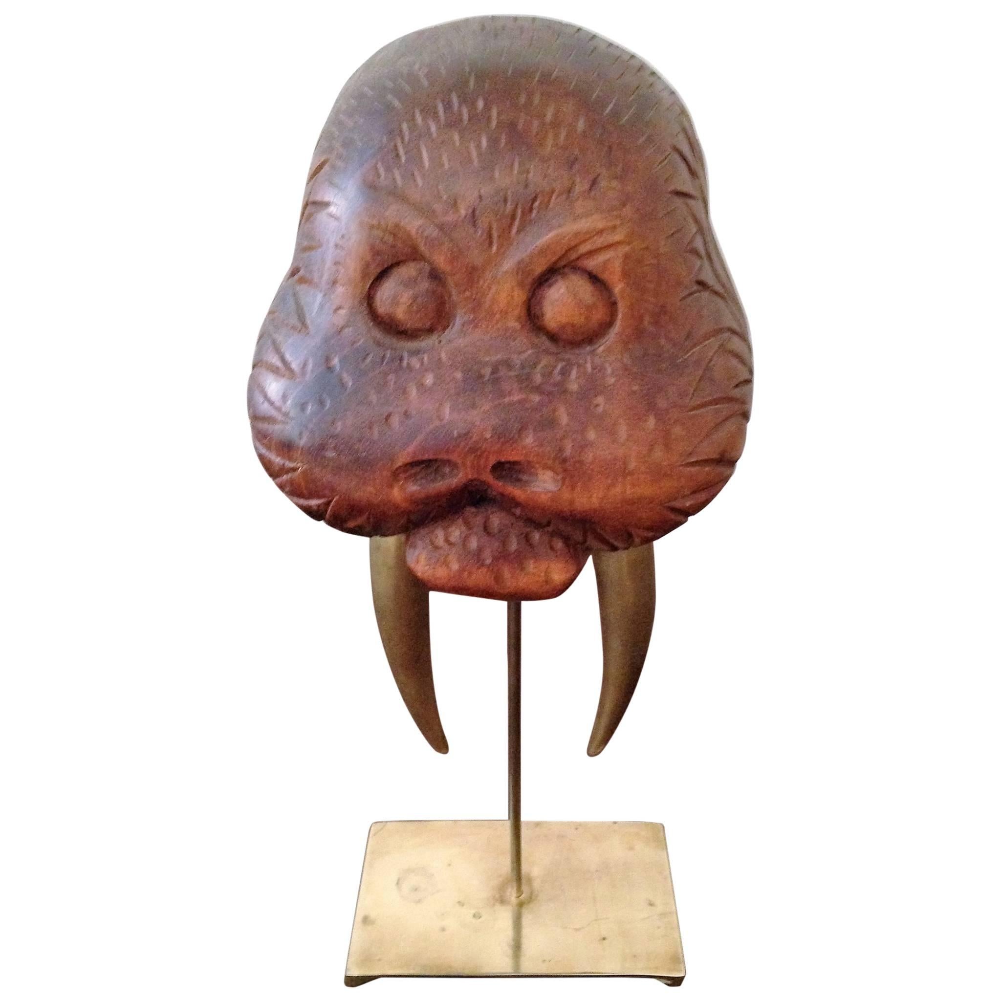 Modernist Wood and Brass Tusk Walrus Sculpture For Sale