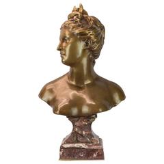 Fine Patinated Bronze Bust of Diana the Huntress on a Violet Marble Base