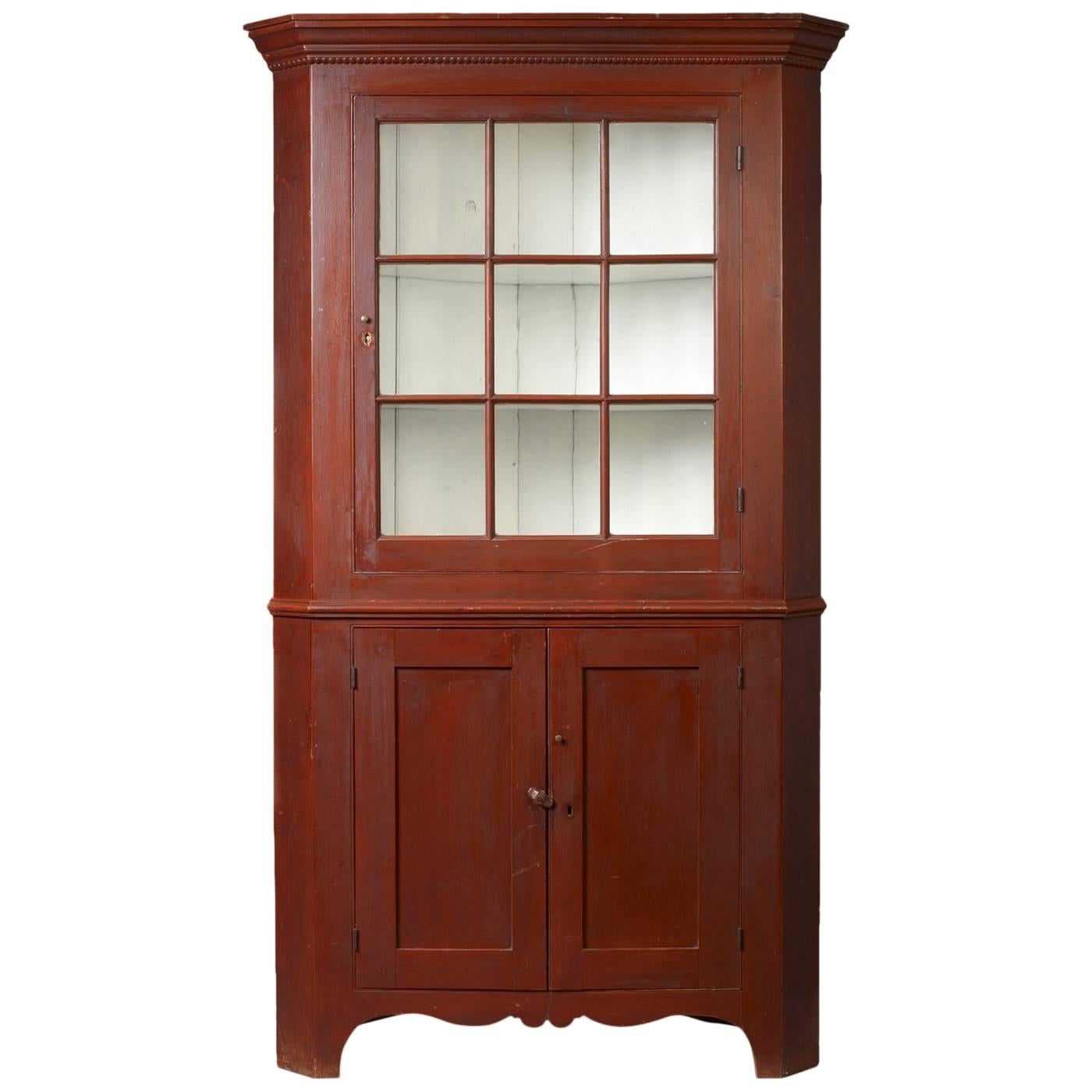 Federal Red-Painted Corner Cupboard For Sale