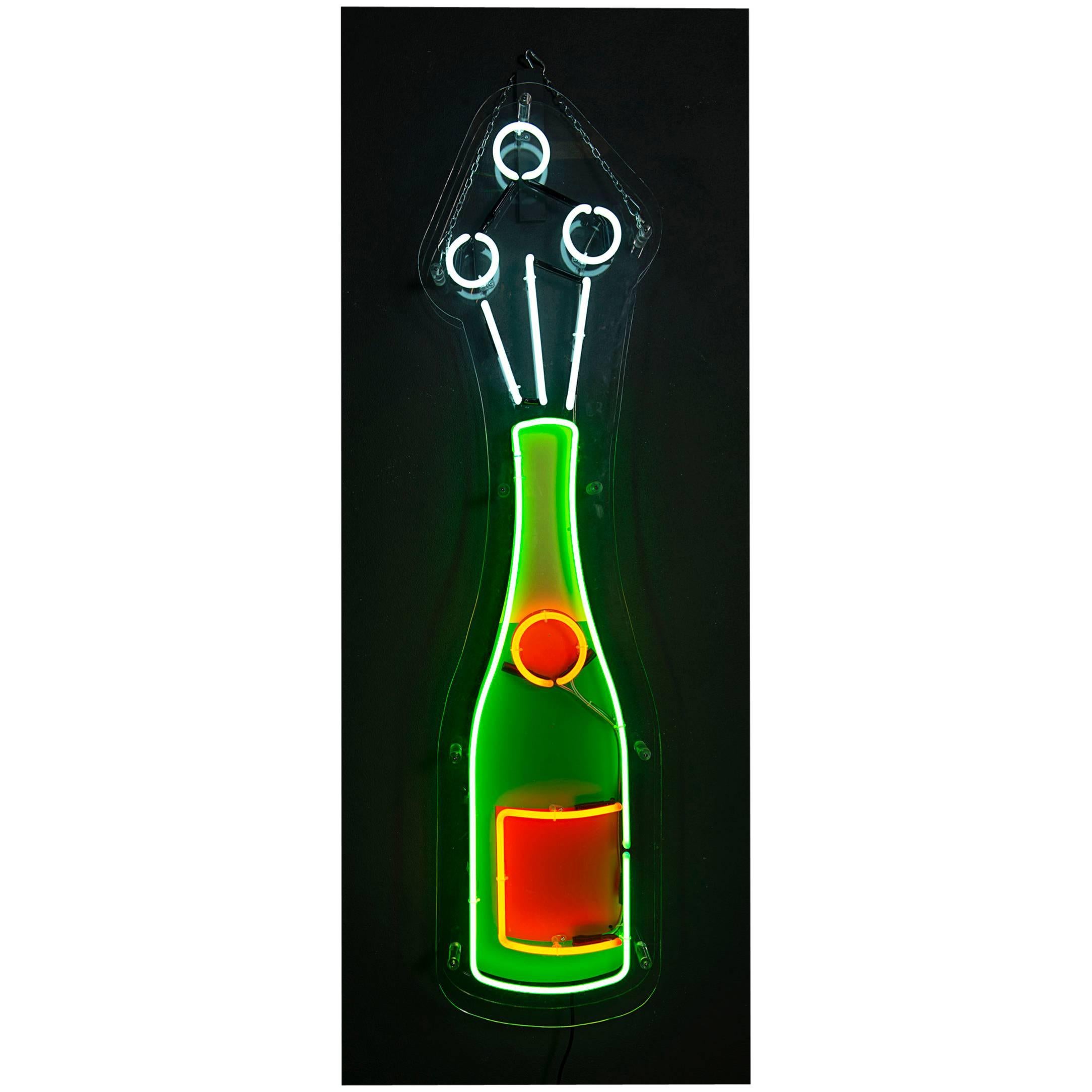 Neon Champagne Bottle with Clear Acrylic Front and Vinyl Detail For Sale