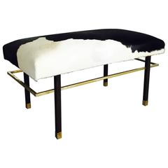 Harvey Probber Brass and Mahogany Bench in Black and White Brazilian Cowhide