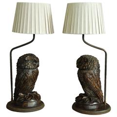 Antique Superb pair of finely carved Black Forest owl table lamps