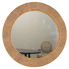 Vintage Round Woven Rattan Mirror, France, circa 1930