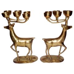 A Stunning Pair Of Vintage Brass Reindeer Candelabras