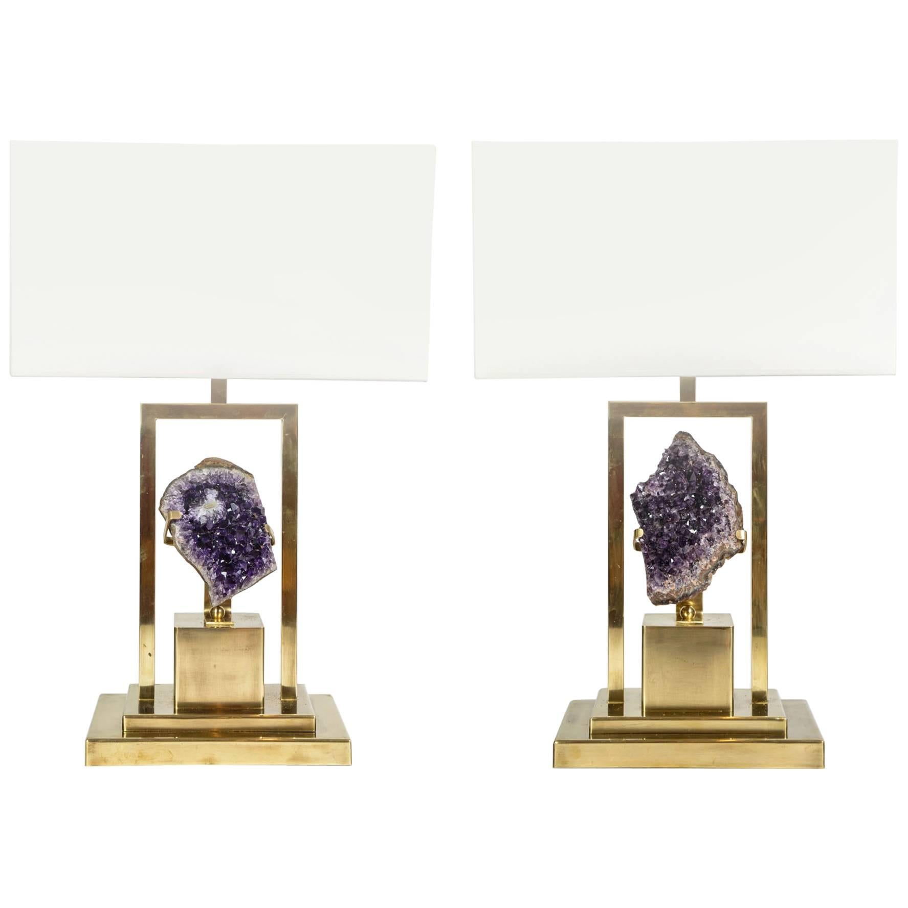Small and Elegant Pair of Amethyst and Brass Lamps