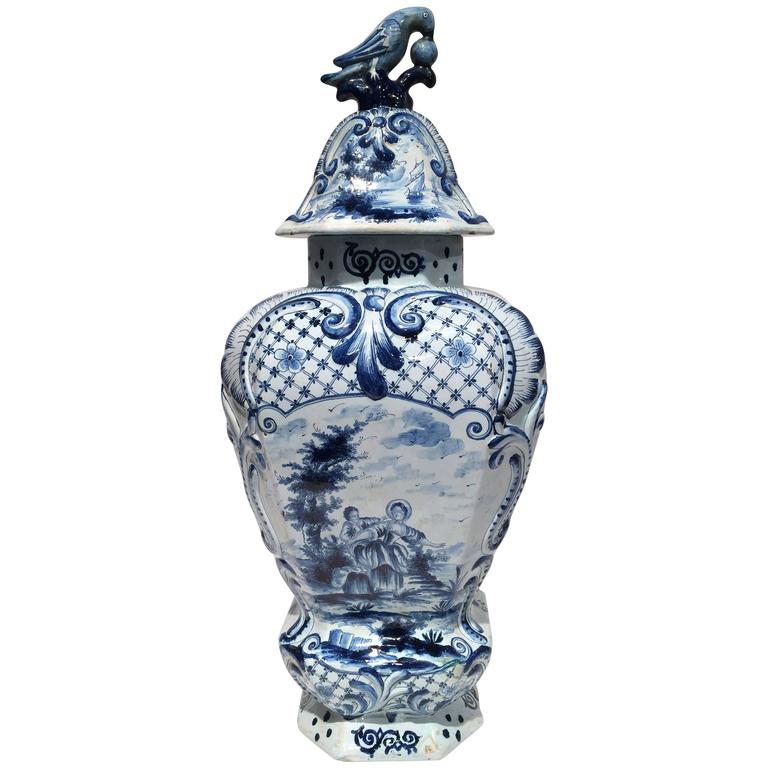 Large Vintage Blue and White Delft Vase with Lid at 1stDibs