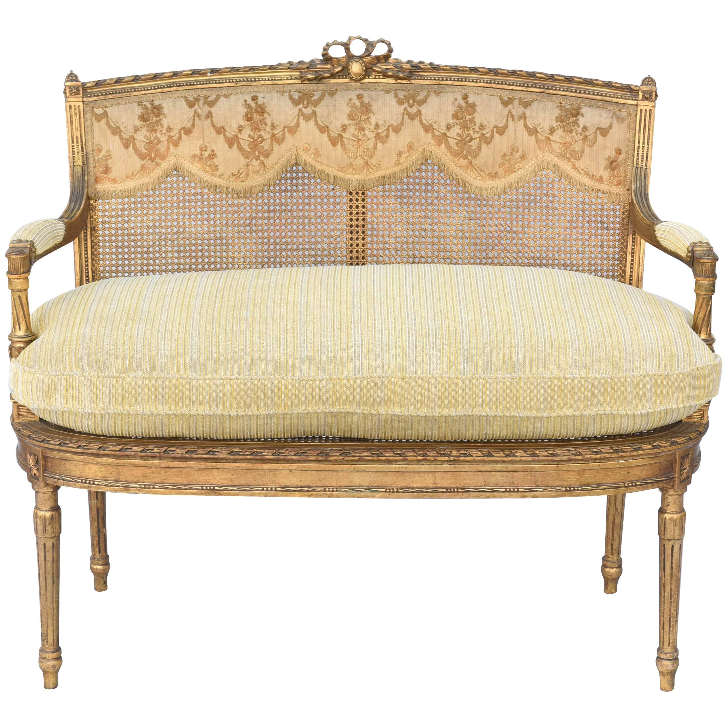 Fine 19th Century French Louis XVI Giltwood Settee with Caning 