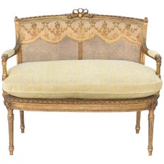 Antique Fine 19th Century French Louis XVI Giltwood Settee with Caning