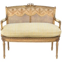 Fine 19th Century French Louis XVI Giltwood Settee with Caning 