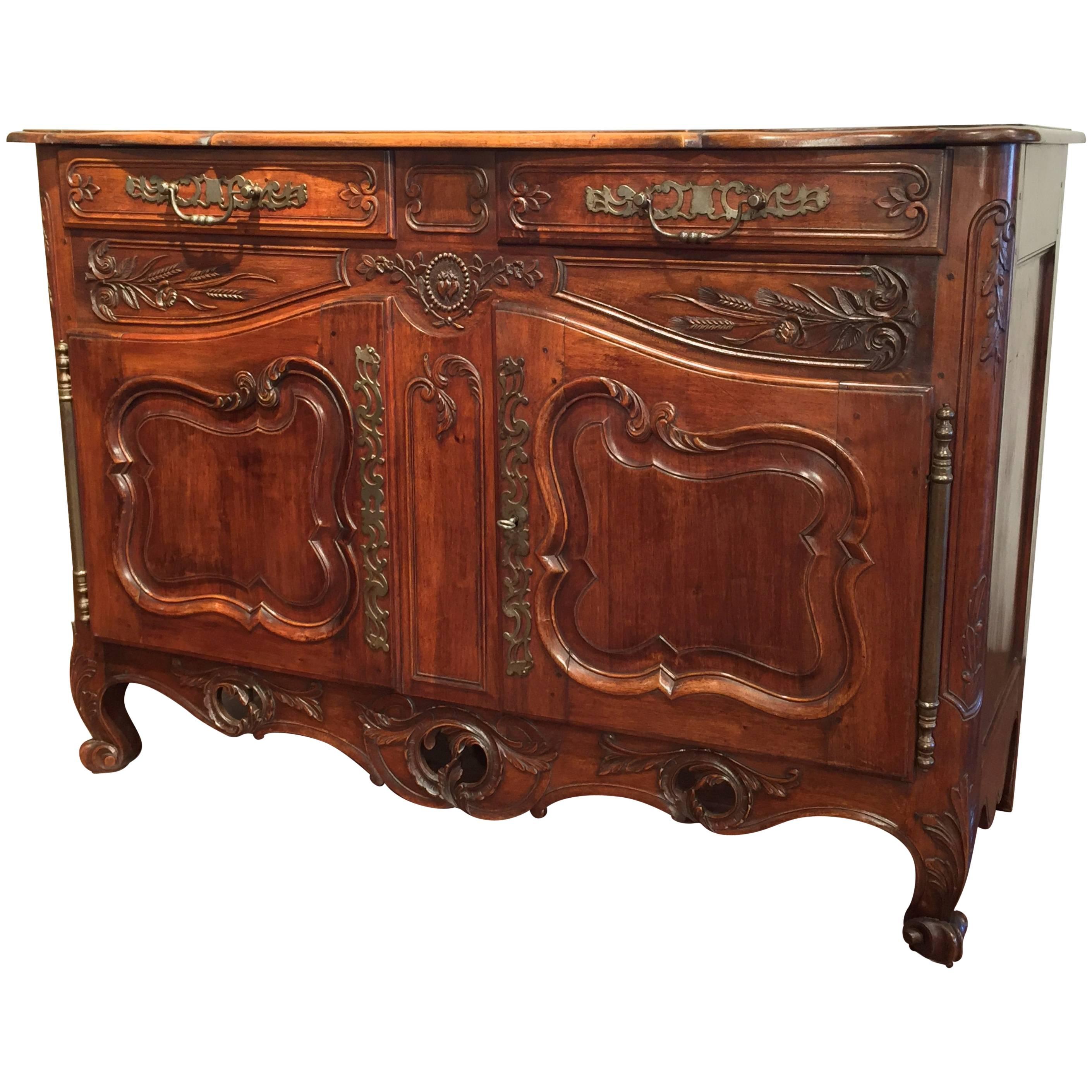 19th Century Country French Walnut Carved Buffet from Provence