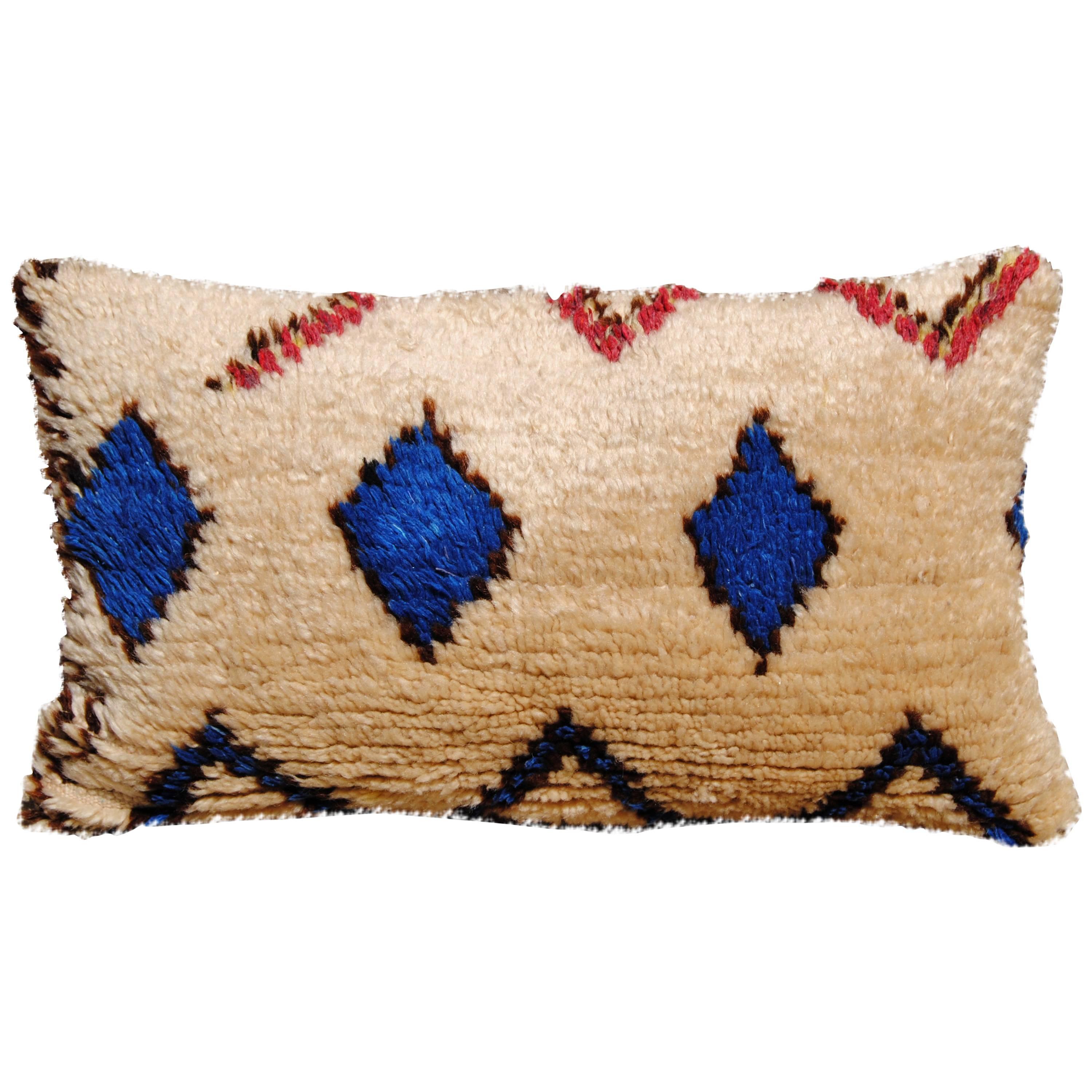 Moroccan Hand-Loomed Wool Azilal Pillow, Blue Diamonds