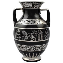 Rare Rockwell Art Deco Period Greek Revival Silver Overlay Black Glass Vase