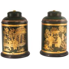 Antique Pair of Dark Green Gilt Decorated Chinese Tea Canister Lamps