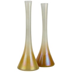 Near Pair of Large Louis Comfort Tiffany Favrile Pulled Feather Art Glass Vases
