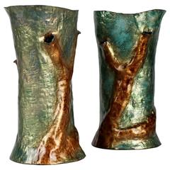 Pair of Signed Paolo De Poli Italian Modernist Enamel Tree Trunk Vases