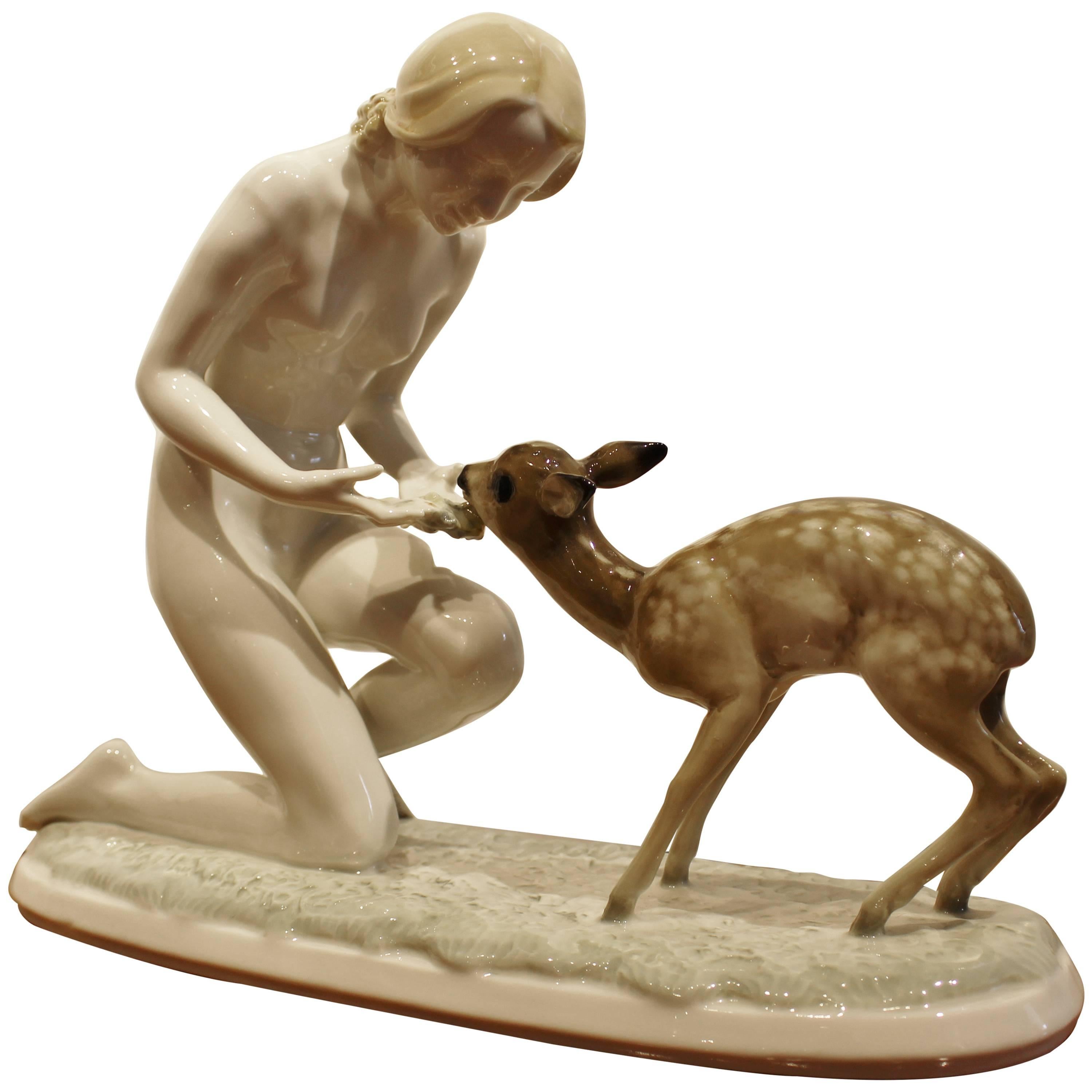 Carl Werner Lorenz Hutschenreuther Porcelain Nude Girl and Fawn For Sale