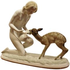Carl Werner Lorenz Hutschenreuther Porcelain Nude Girl and Fawn