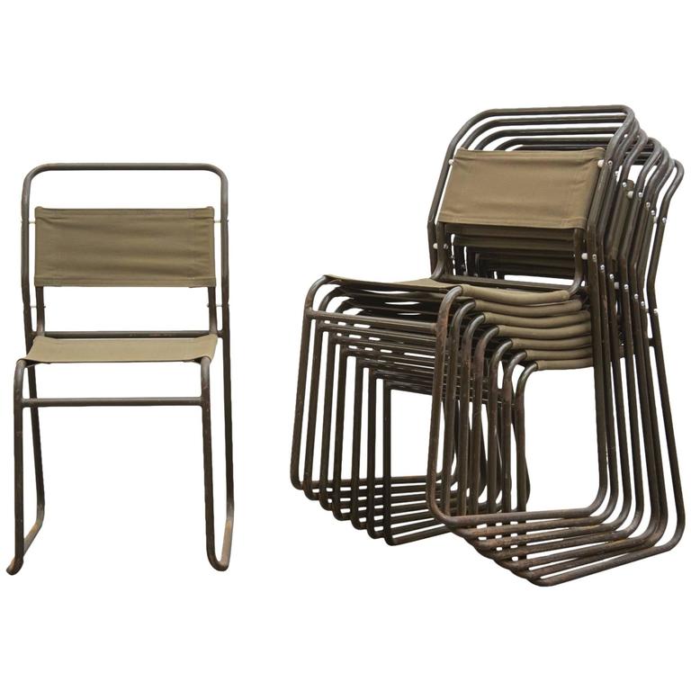 Set of Eight Stacking Army Green Canvas Chairs at 1stDibs army chairs, army green metal dining