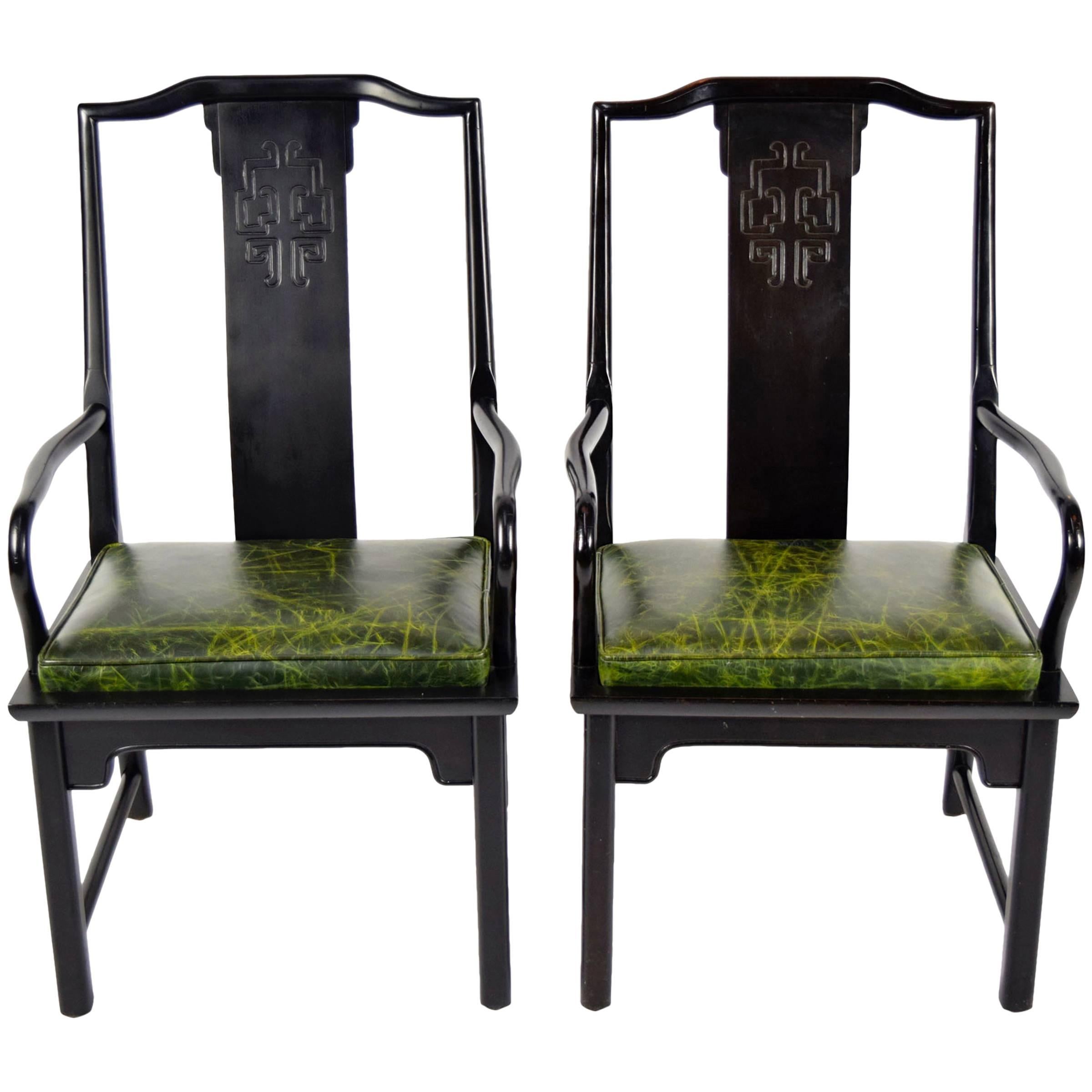 Pair of Chin Hua Asian Modern Style Chairs with Leather Seats