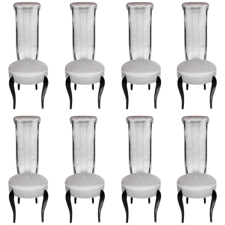 Elegant Set of Eight 1940s Hollywood High Back Dining Chairs in Black