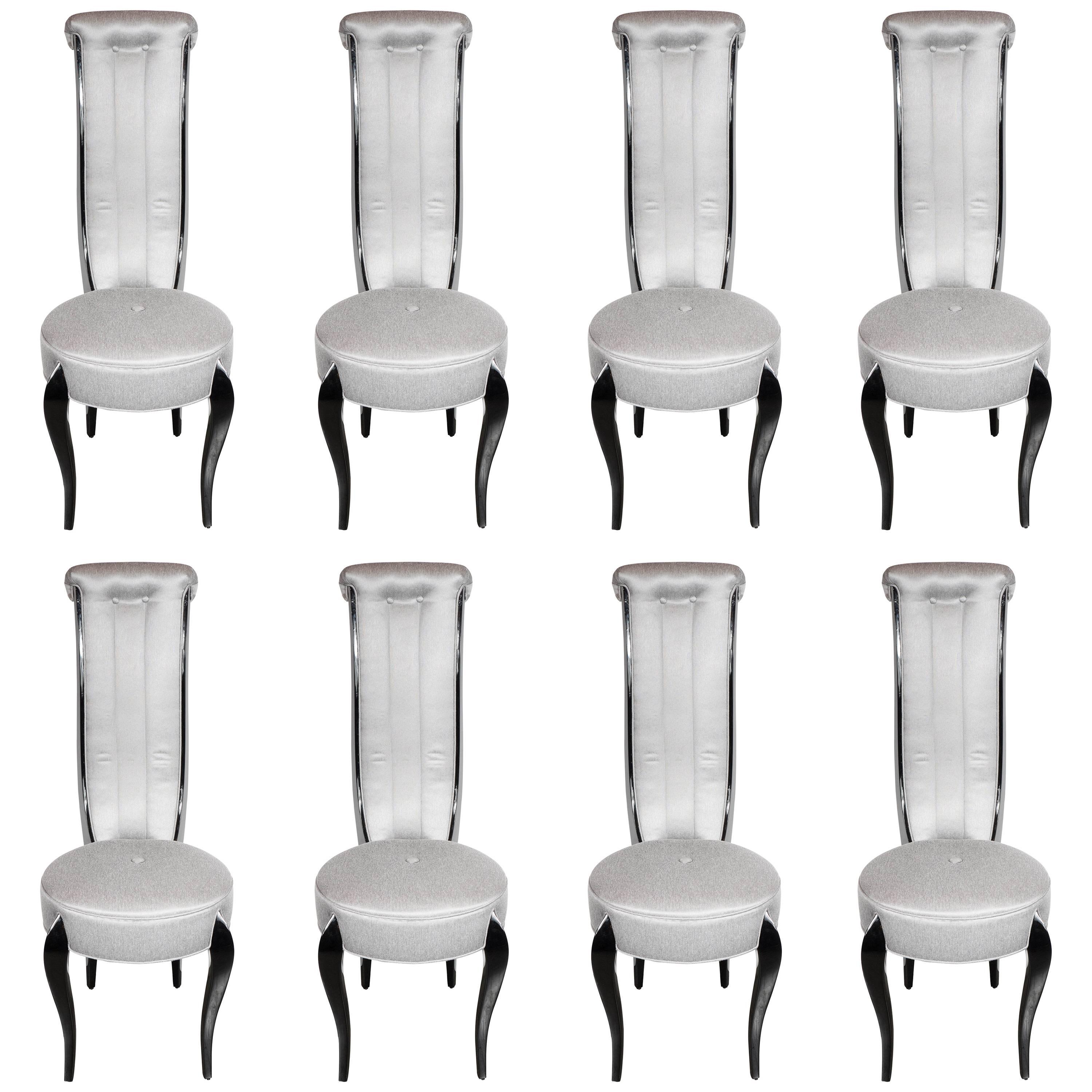 Elegant Set of Eight 1940s Hollywood High Back Dining Chairs in Black Lacquer