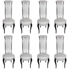 Elegant Set of Eight 1940s Hollywood High Back Dining Chairs in Black Lacquer