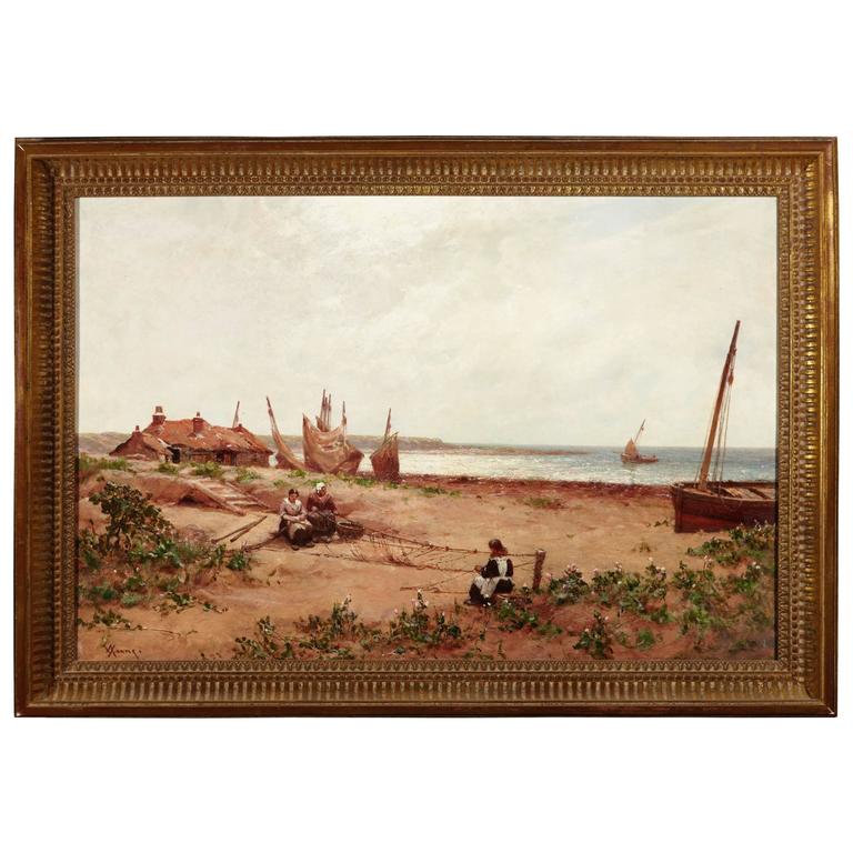 19th Century French Oil Painting of a Fishing Village with Woman Mending Nets