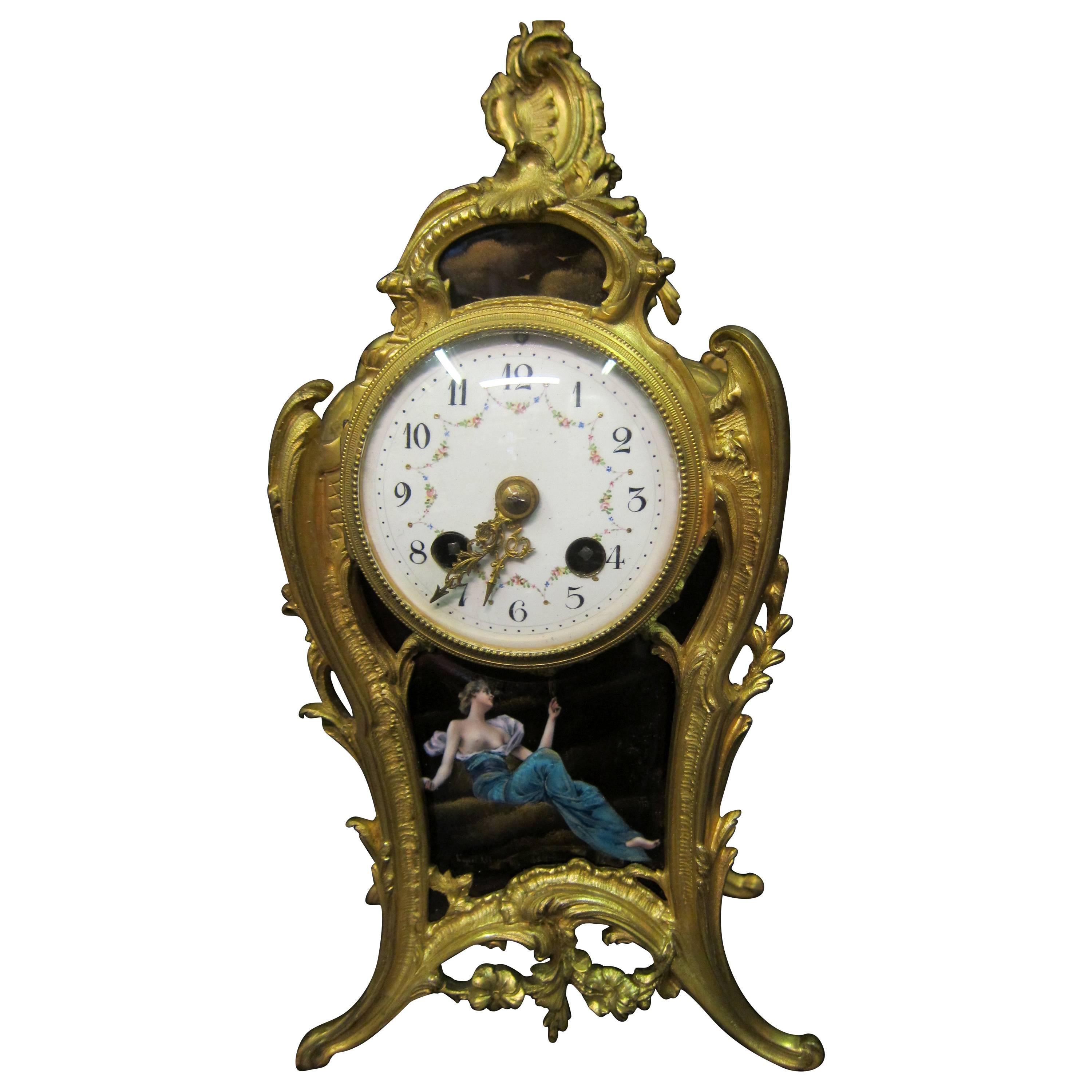 French Enamel and Bronze Clock For Sale