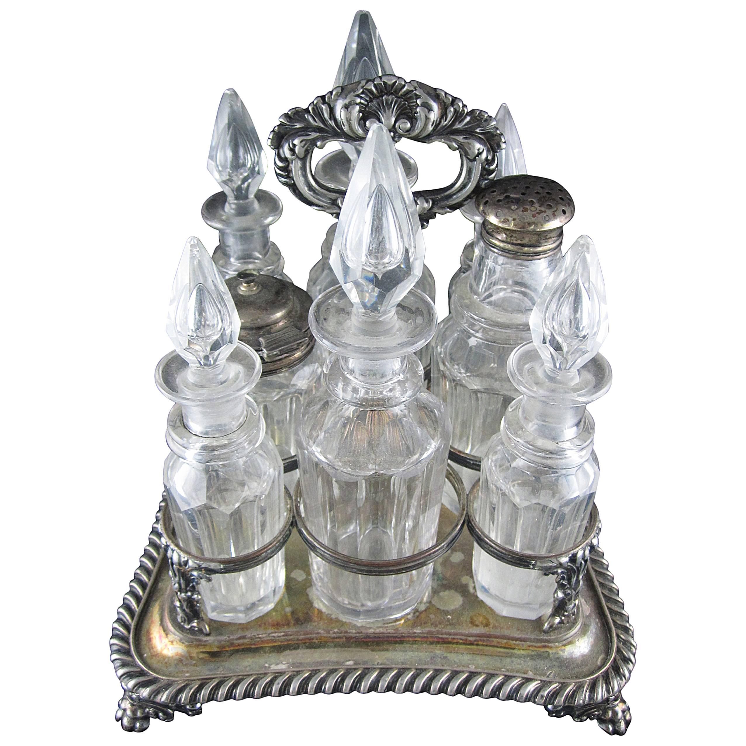 19th Century English Silver Plate and Cut-Glass Cruet Castor Service, 17 pieces