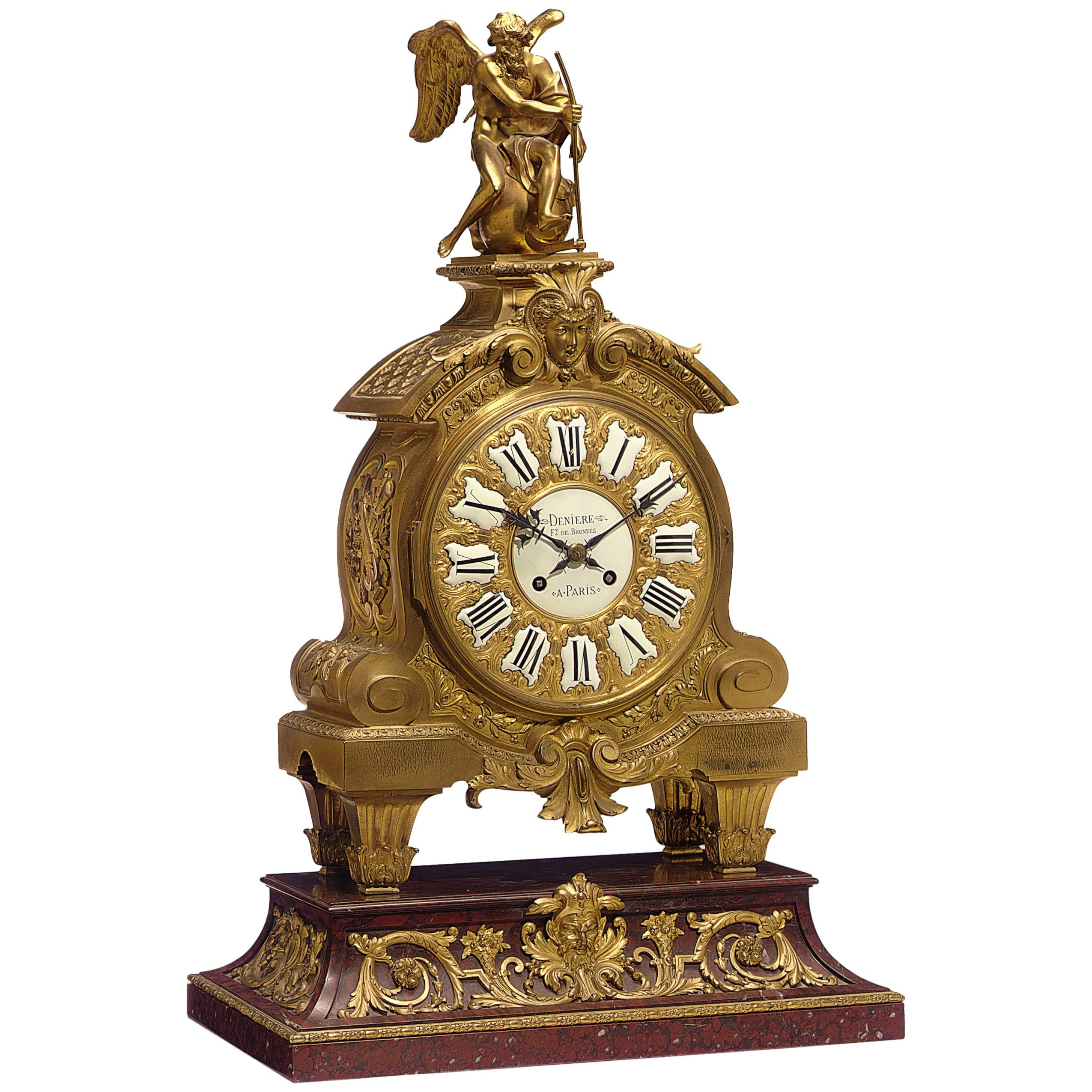 Napoleon III Period Ormolu and Red Marble Mantel Clock by Denière & Fils