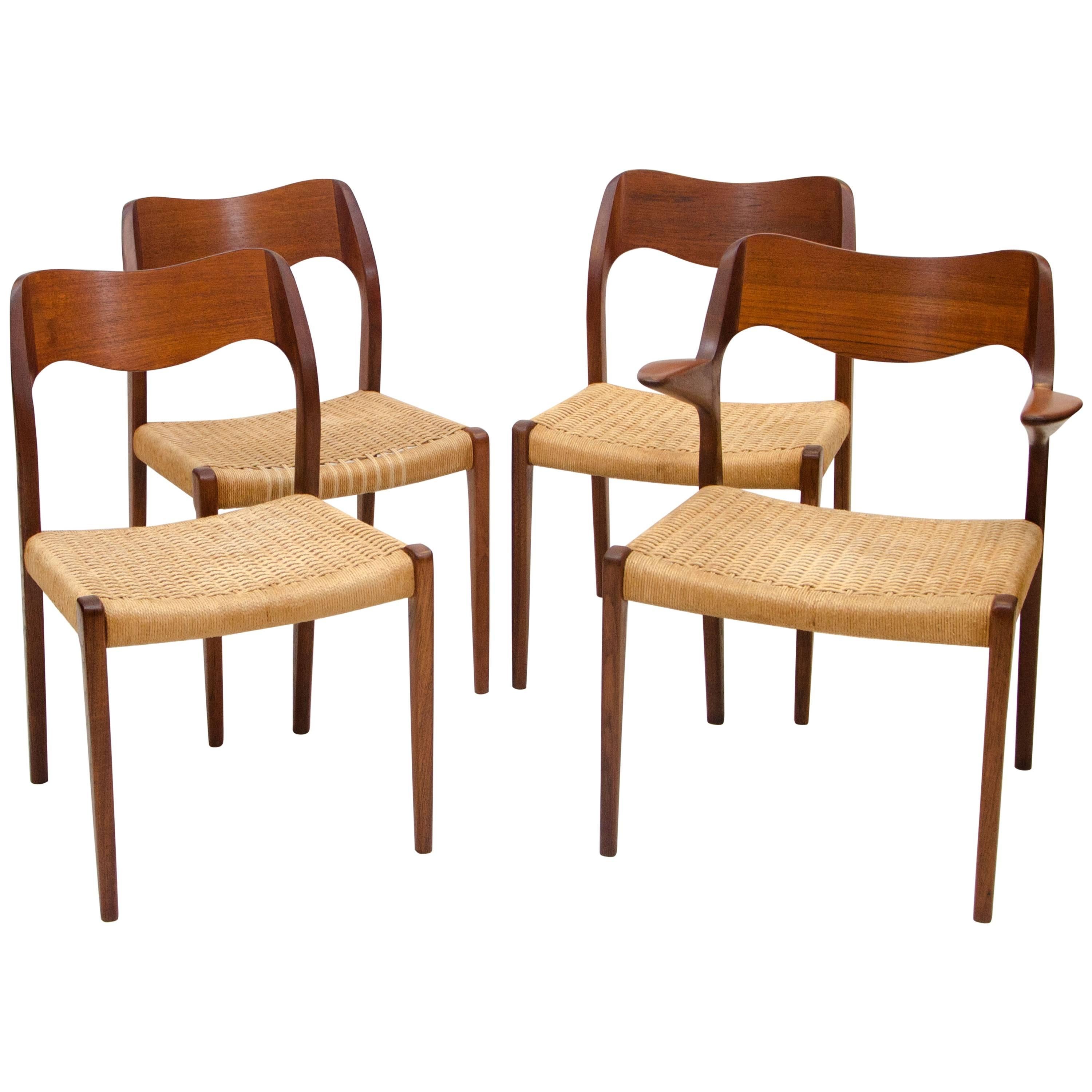 Set of Four Danish Teak Dining Chairs, Moller #71 and #55 For Sale