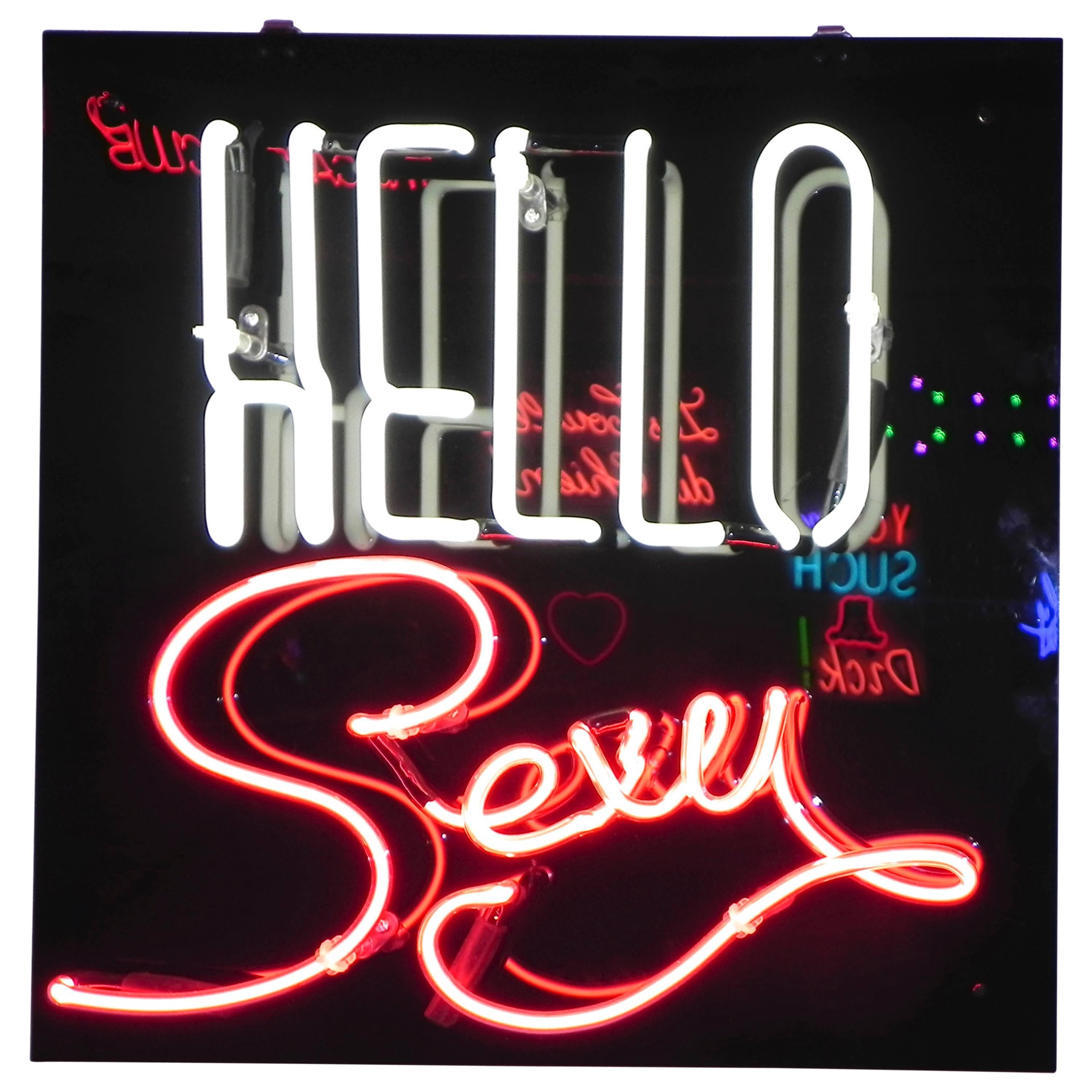 "Hello Sexy" Neon Sign on Black Acrylic Backing For Sale