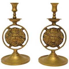 20th Century Brass Candlesticks With Native American Image