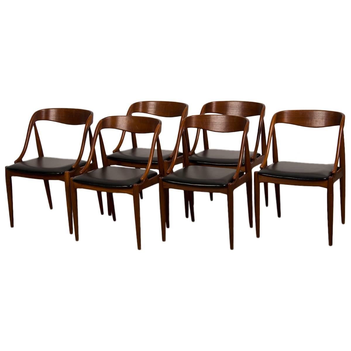 Set Six Teak Armchairs with Leather Seats by Søborg Møbelfabrik, Denmark