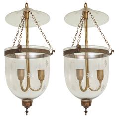 Fabulous Pair of 19th Century English Bell Jar Hall Lanterns with Smoke Cap