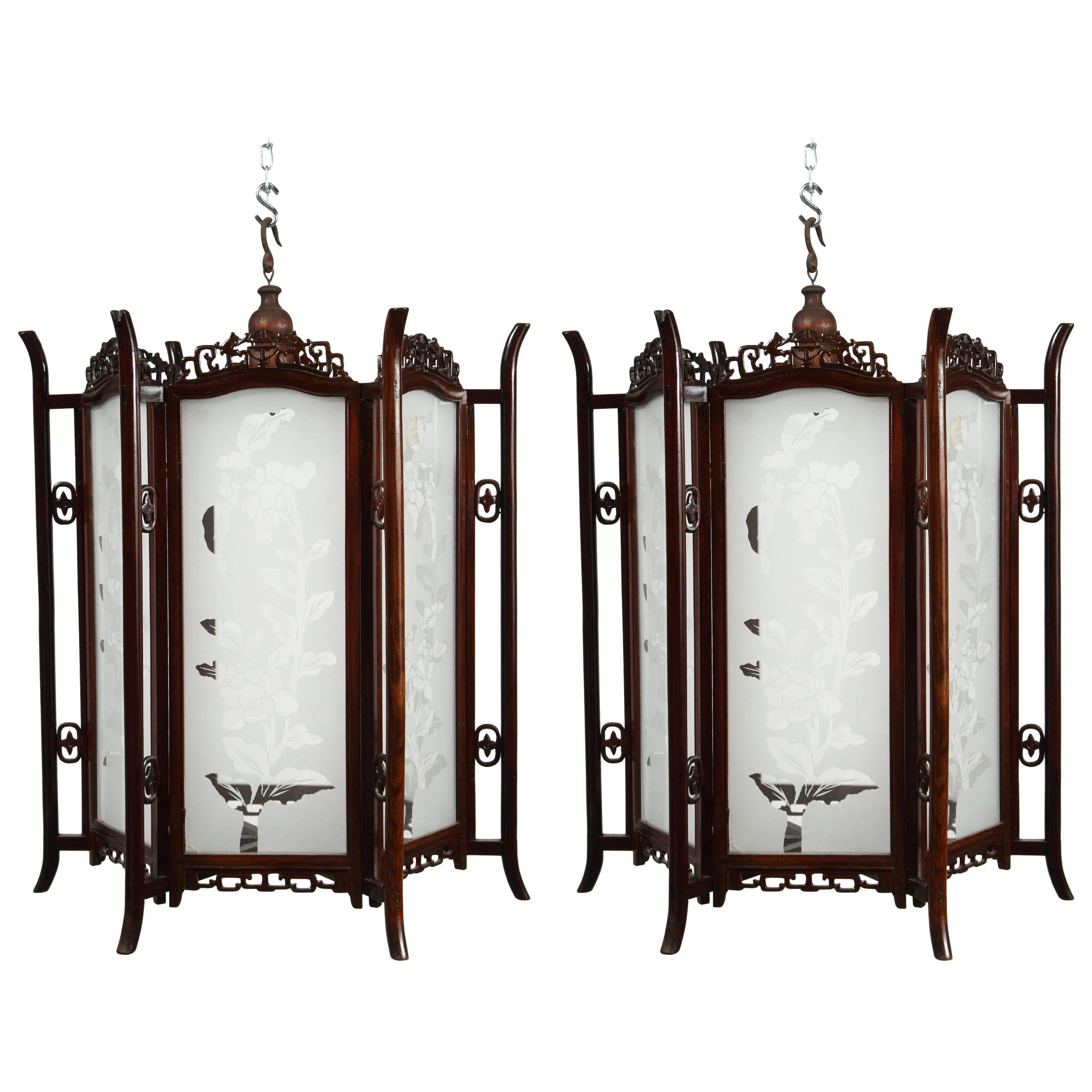 Pair of 19th Century Glass and Rosewood Chinese Lanterns