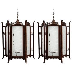 Pair of 19th Century Glass and Rosewood Chinese Lanterns