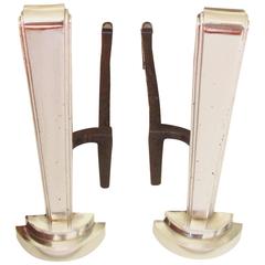 Pair of American Art Deco Chrome-Plated Andirons with Forged Iron Chenets