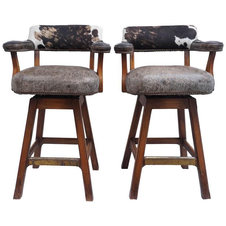 Pair of Swivel Stools, Cowhide and Leather, 1980s at 1stdibs