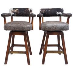 Vintage Pair of Swivel Stools, Cowhide and Leather, 1980s