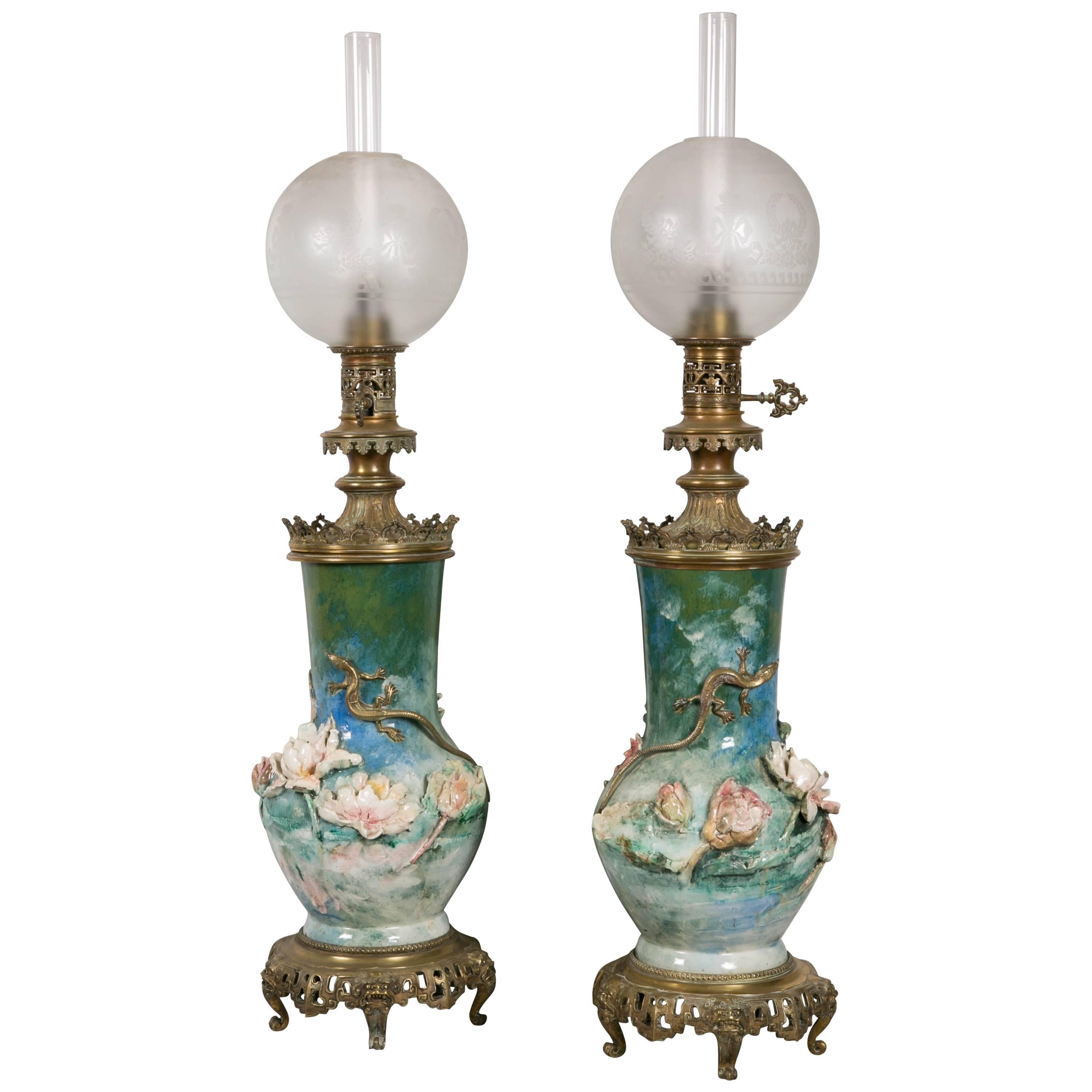 Exceptional Pair of Lamps by Felix Lafond for Gien For Sale