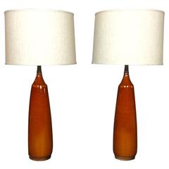 Pair Glazed Ceramic and Walnut Tall Table Lamps, USA