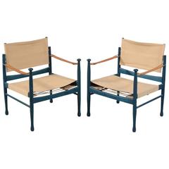Pair of Danish Safari Chairs with Frame of Blue Painted Beech