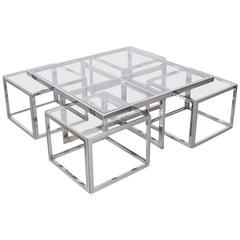Huge Coffee Table in Full Chrome with Four Nesting Tables by Maison Charles