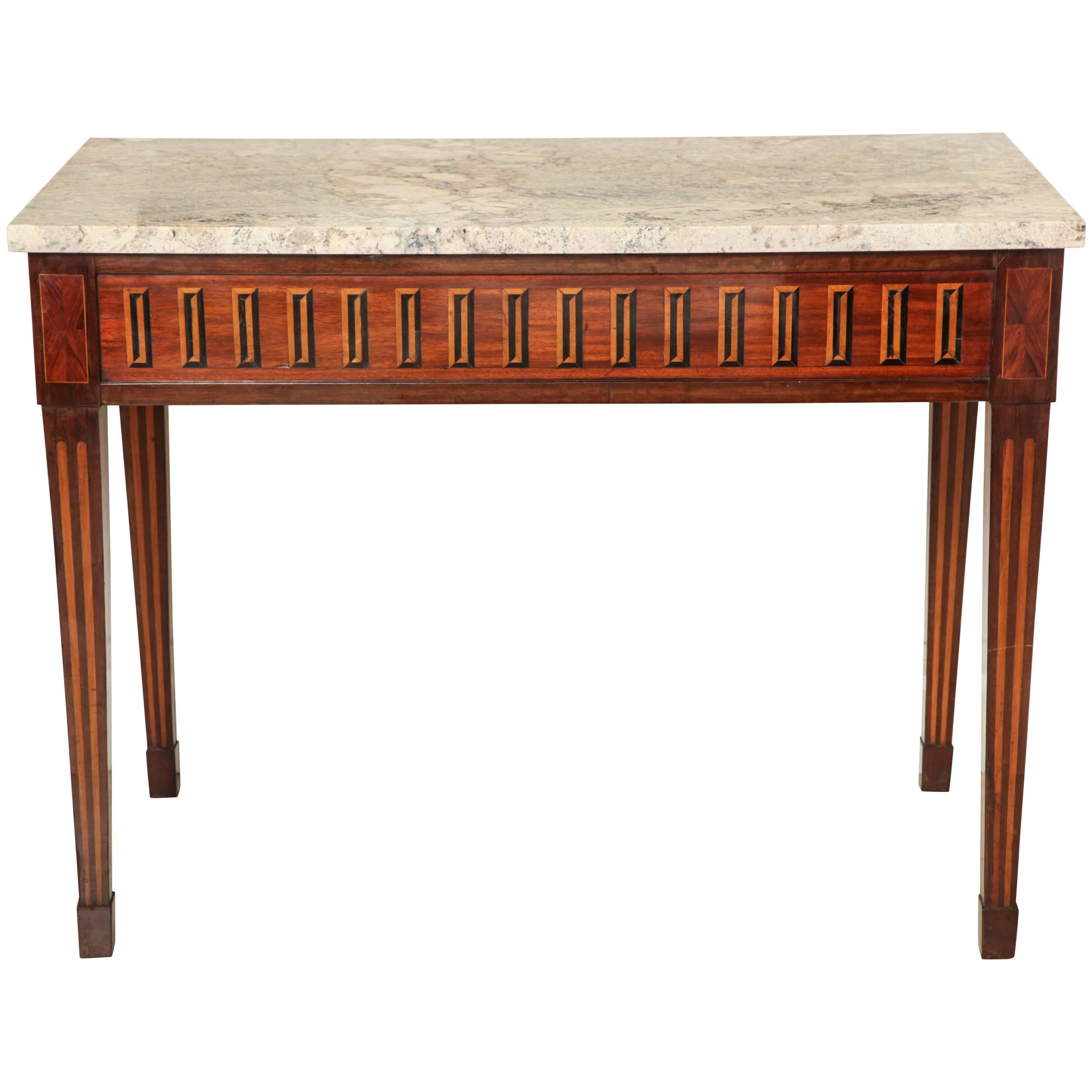 19th Century Italian Empire Console Table with Inlaid Apron and Marble Top