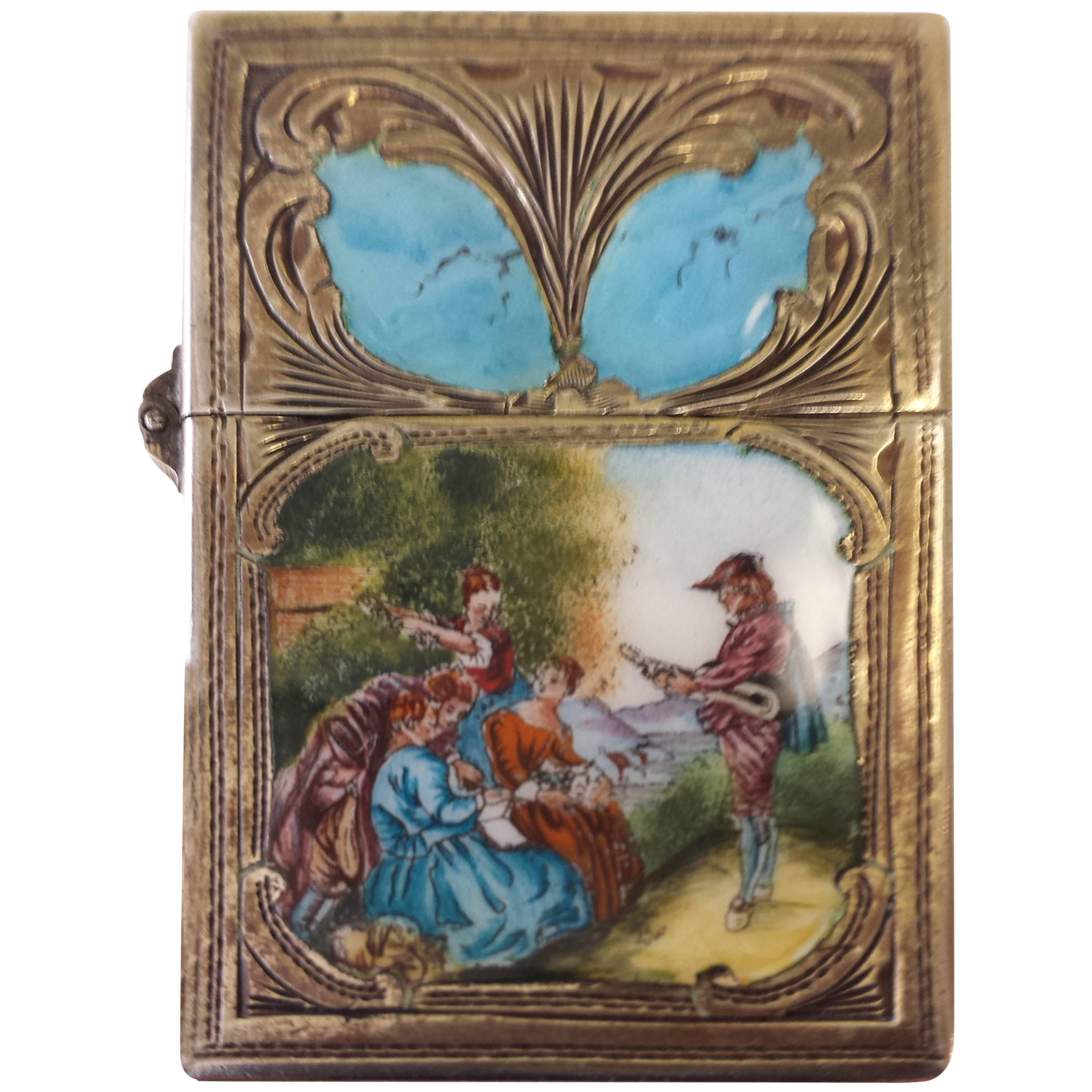 Sterling Silver and Enamel, Engraved Lighter Case with a Minstral Scene