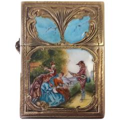 Retro Sterling Silver and Enamel, Engraved Lighter Case with a Minstral Scene