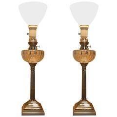 Used Pair of Silver Plate Candlestick Lamps with Cut Crystal Font on Marble Bases