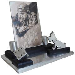 American Art Deco Trench Art Aluminium Lucky Dog & Dice Photo Frame Desk Set