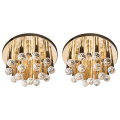 Used Pair of Mid-Century Modernist Cut Crystal and Brass Flush Mount Chandeliers